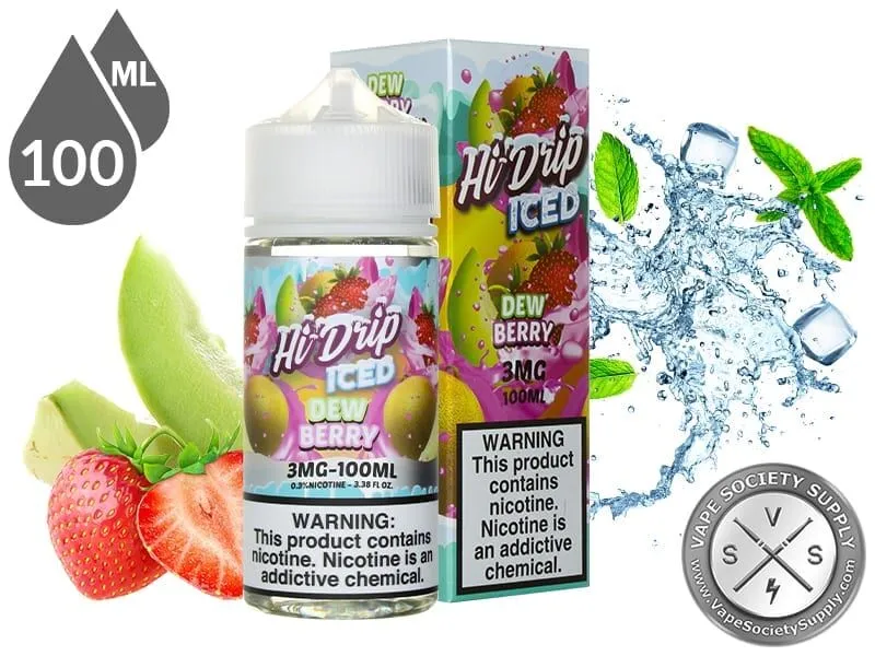 Dew Berry Iced by Hi Drip 100ml bottle and box with honeydew, strawberries, ice and mint leaves