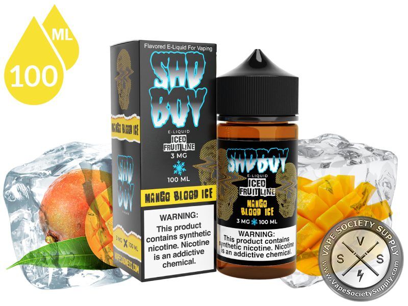 Mango Blood Ice by SadBoy 100ml bottle and box with mangoes and ice cubes