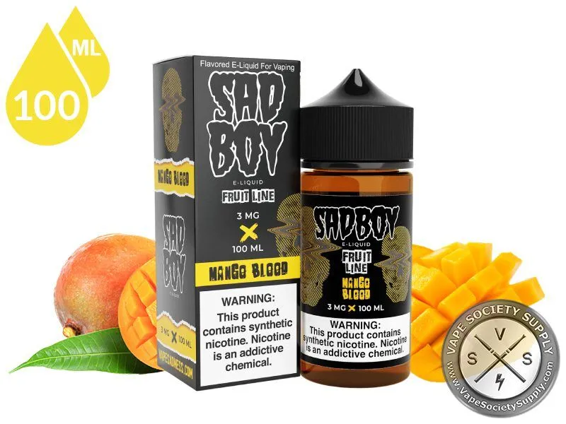 Mango Blood by SadBoy 100ml bottle and box with whole and cubed mangoes