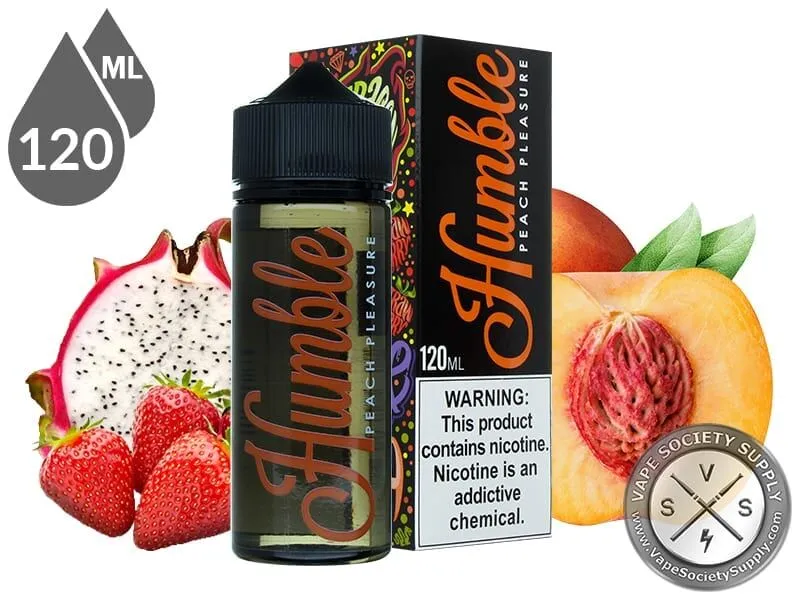 Peach Berries by Humble Juice 120ml bottle and box with dragon fruit, strawberries and peaches
