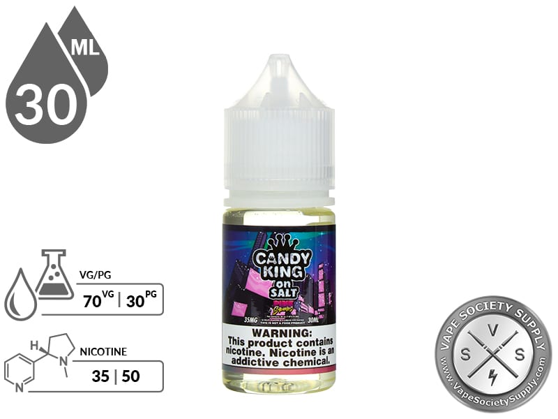 Pink Squares Candy King On Salt 30ml bottle with VG/PG and nicotine strength icons