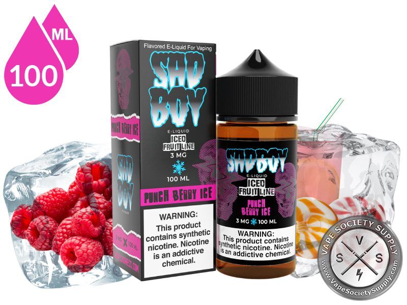 Punch Berry Ice by SadBoy 100ml bottle and box with raspberries, iced pink lemonade and swirl candies