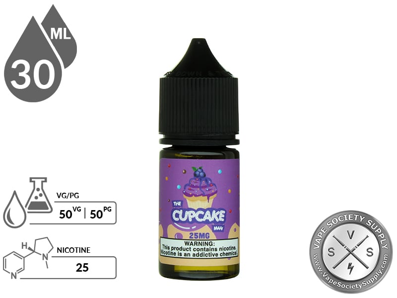 The Cupcake Man Blueberry by Vaper Treats Salt 30ml bottle with a 50/50 VG/PG icon and nicotine strength icons