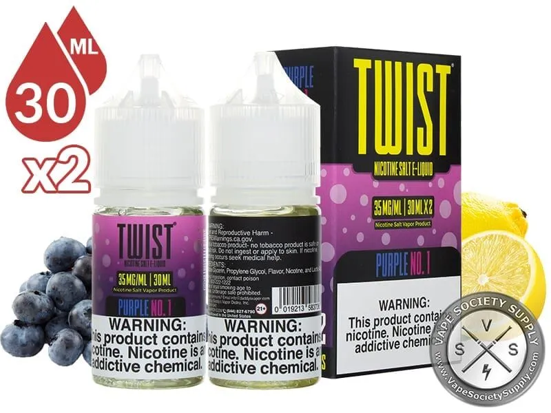 Purple No. 1 by Twist Salt 60ml bottles and box with blueberries and lemons