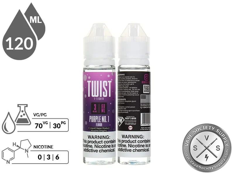 Purple No. 1 by Twist 120ml bottles with a 70/30 VG/PG icon and nicotine strength icons
