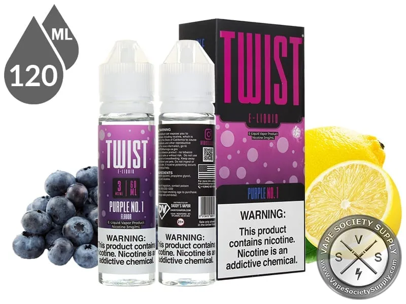 Purple No. 1 by Twist 120ml bottles and box with blueberries and lemons