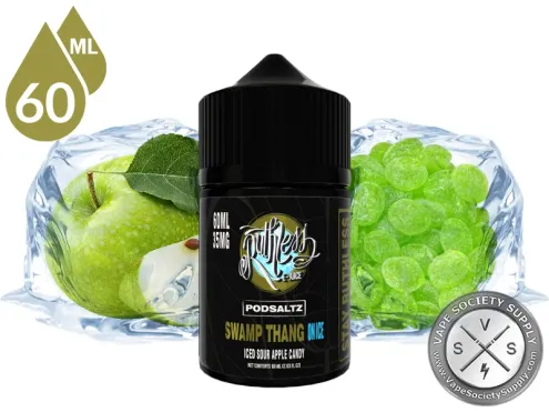 Swamp Thang On Ice Ruthless PODSALTZ 60ml bottle with green apples, green apple candies and ice