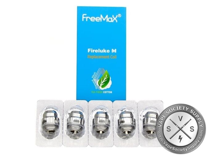 Five FreeMax TX coils in blister packs in front of a blue Fireluke M coil box