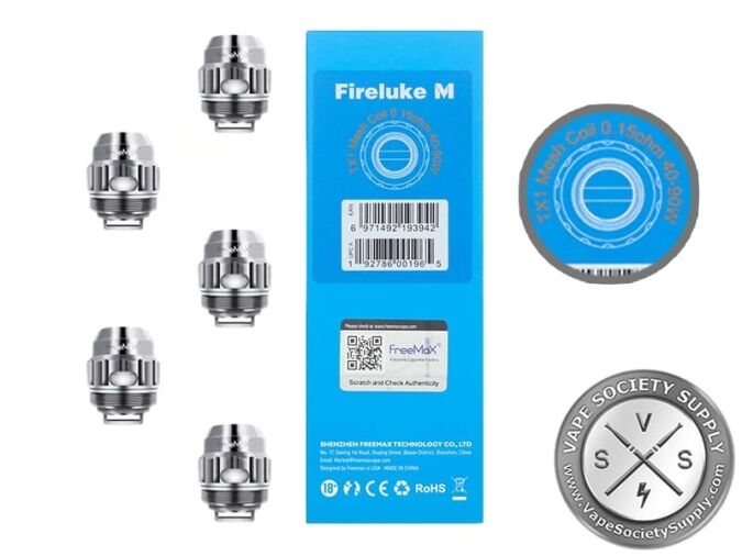 Five FreeMax TX1 coils with the box sticker reading TX1 Mesh Coil 0.15ohm 40-90W
