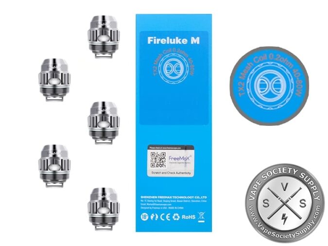 Five FreeMax TX2 coils with the box sticker reading TX2 Mesh Coil 0.2ohm 40-80W
