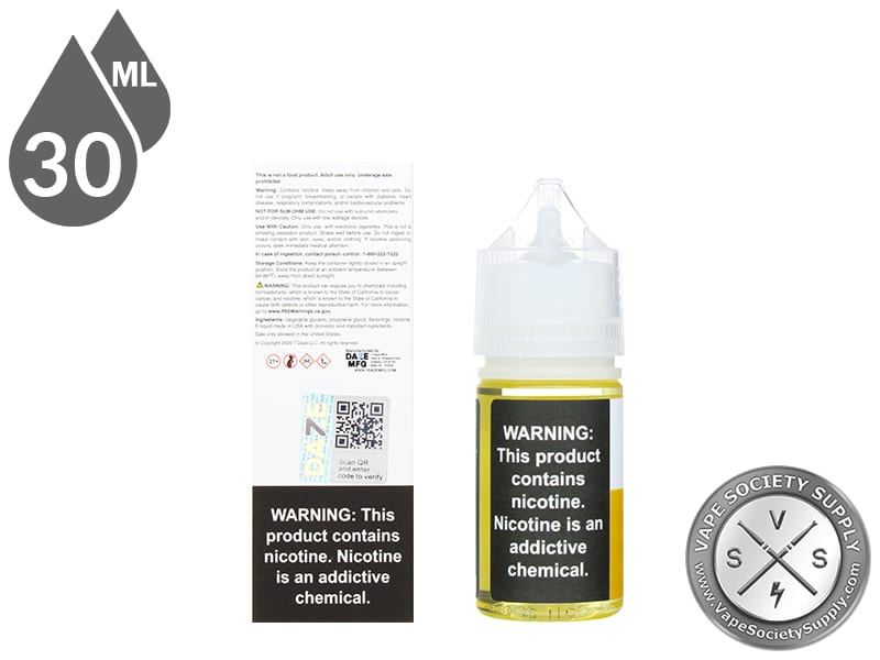 Mango Reds Apple 7 Daze Salt 30ml box back and bottle warning label