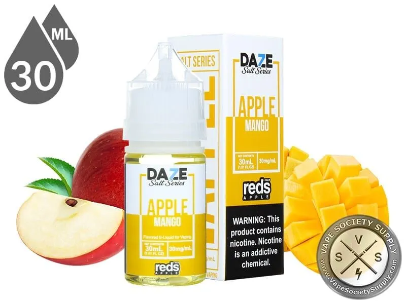 Mango Reds Apple 7 Daze Salt 30ml bottle and box with a sliced apple and cubed mango