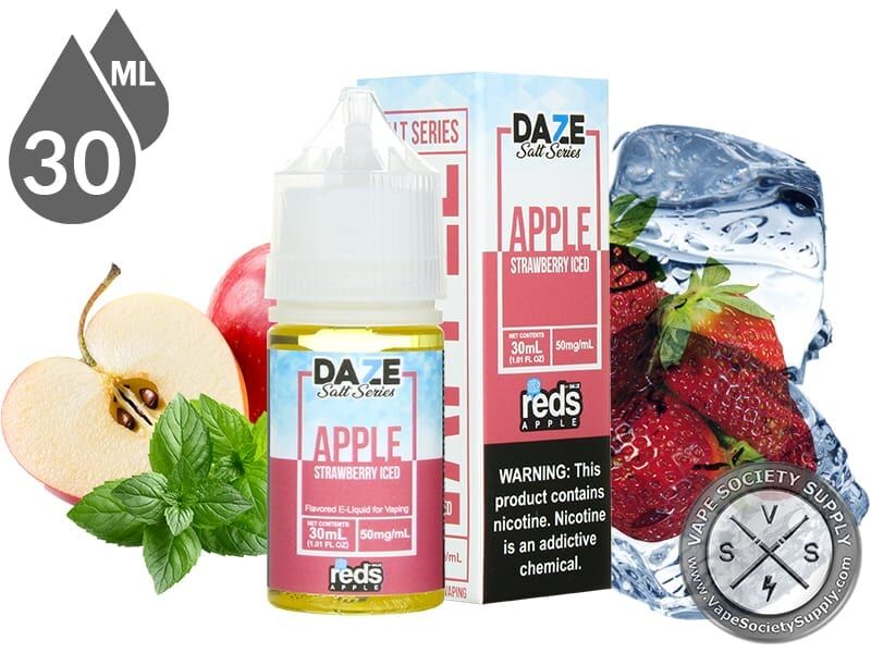 Strawberry Iced Reds Apple 7 Daze Salt 30ml bottle and box with a sliced apple, mint leaves and strawberries frozen in ice cubes