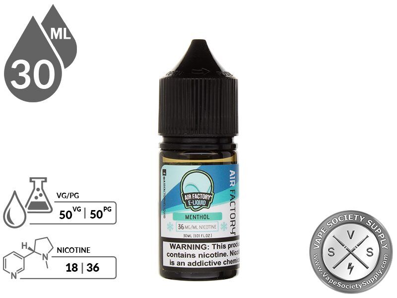 Menthol by Air Factory Salts 30ml bottle with a 50/50 VG/PG icon and nicotine strength icons