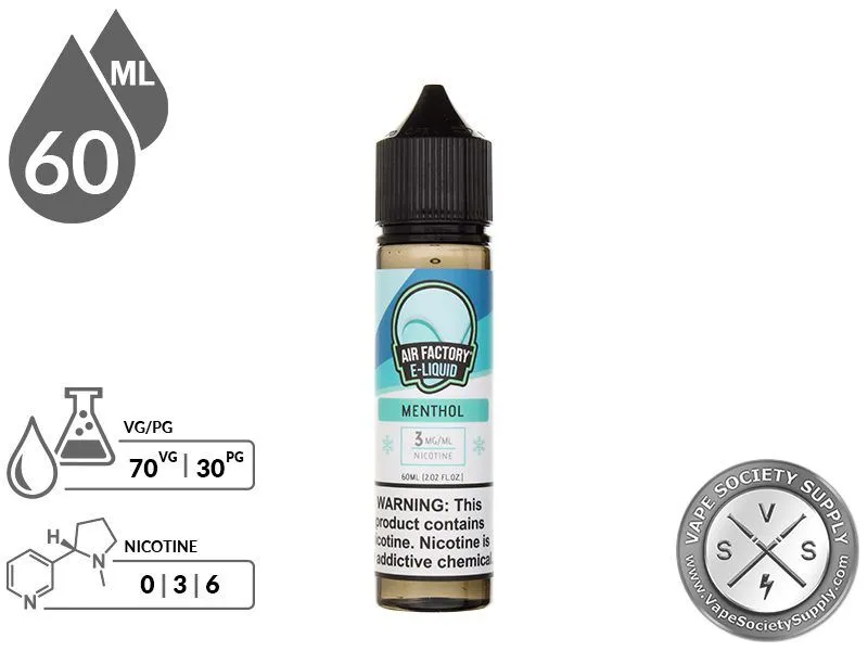 Menthol by Air Factory 60ml bottle with a 70/30 VG/PG icon and nicotine strength icons