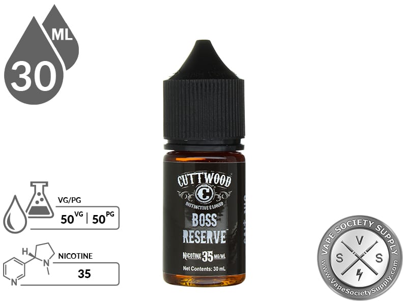 Boss Reserve by Cuttwood Salt 30ml bottle with a 50/50 VG/PG icon and nicotine strength icons