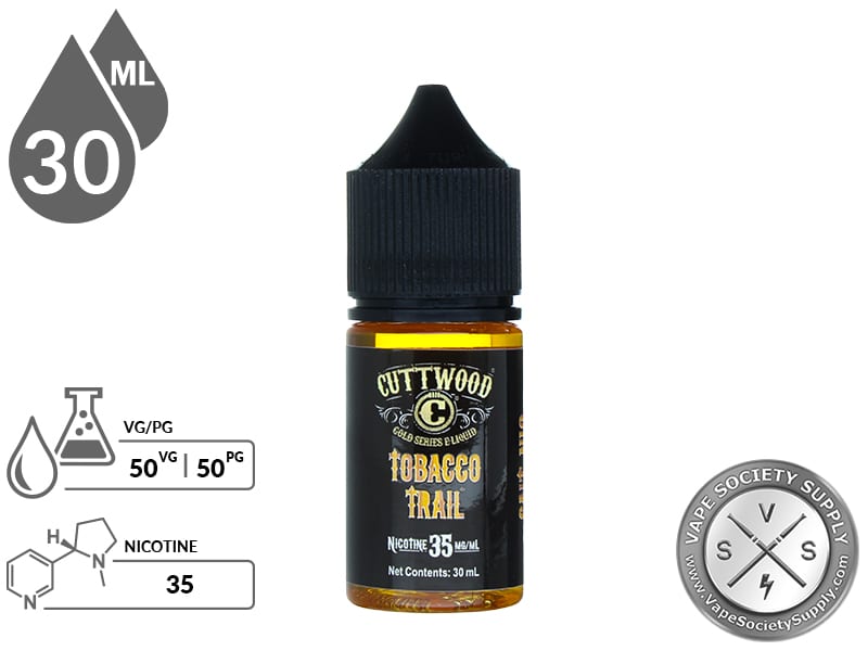 Tobacco Trail by Cuttwood Salt 30ml bottle with a 50/50 VG/PG icon and nicotine strength icons