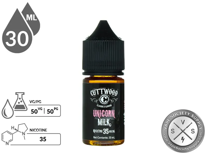 Unicorn Milk by Cuttwood Salt 30ml bottle with a 50/50 VG/PG icon and nicotine strength icons