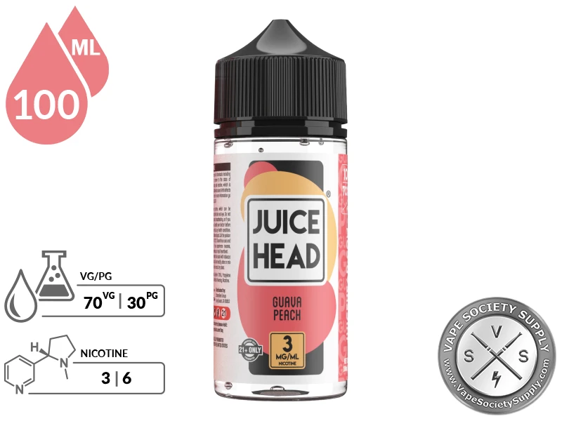 Guava Peach Juice Head 100ml bottle with a 70/30 VG/PG icon and nicotine strength icons