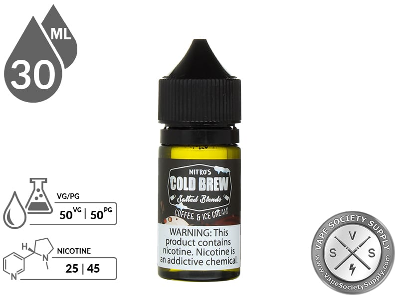 Coffee and Ice Cream by Nitro's Cold Brew Salted Blends 30ml bottle with a 50/50 VG/PG icon and nicotine strength icons