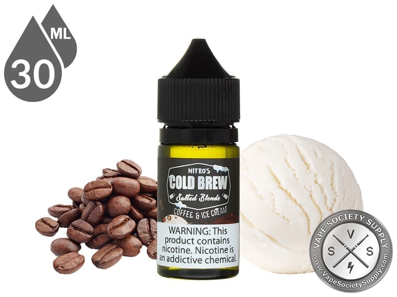 Coffee and Ice Cream by Nitro's Cold Brew Salted Blends 30ml bottle with a scoop of ice cream and a sack of coffee beans