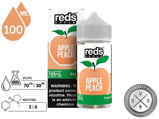 Peach Reds Apple 7 Daze 100ml bottle and box with a 70/30 VG/PG icon and nicotine strength icons