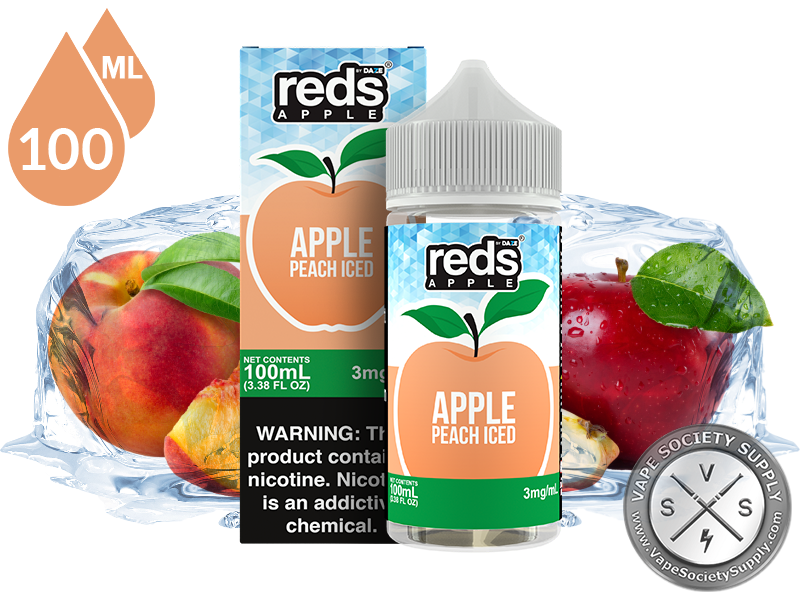 Peach Iced Reds Apple 7 Daze 100ml bottle and box with peaches and red apples on ice
