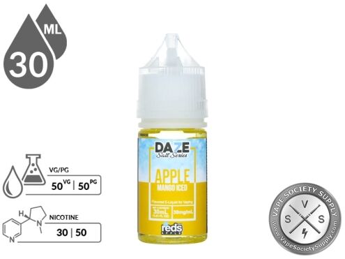 Mango Iced Reds Apple 7 Daze Salt 30ml bottle with a 50/50 VG/PG icon and nicotine strength icons