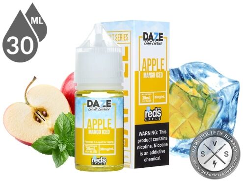 Mango Iced Reds Apple 7 Daze Salt 30ml bottle and box with a sliced apple, mint leaves and mango frozen in ice cubes