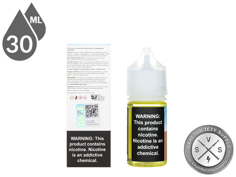 Peach Iced Reds Apple 7 Daze Salt 30ml box back and bottle warning label