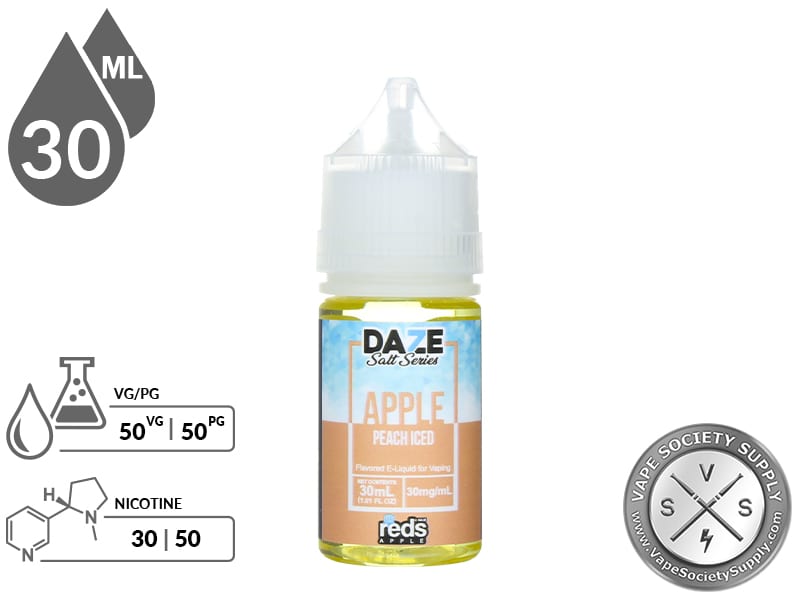 Peach Iced Reds Apple 7 Daze Salt 30ml bottle with a 50/50 VG/PG icon and nicotine strength icons
