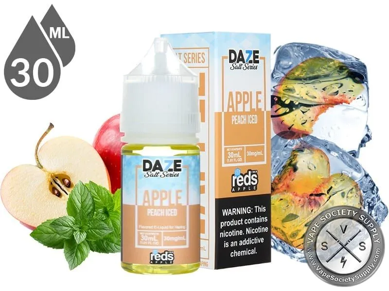 Peach Iced Reds Apple 7 Daze Salt 30ml bottle and box with a sliced apple, mint leaves and peach slices frozen in ice cubes