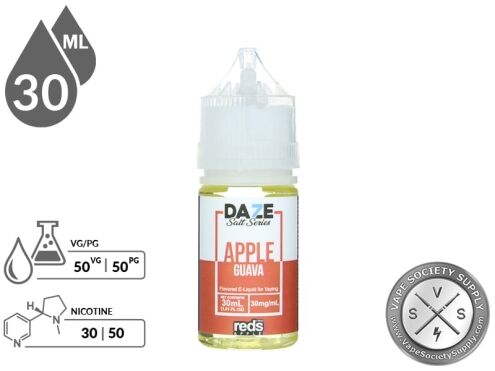 Guava Reds Apple 7 Daze Salt 30ml bottle with a 50/50 VG/PG icon and nicotine strength icons