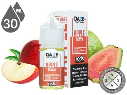 Guava Reds Apple 7 Daze Salt 30ml bottle and box with a sliced apple and a halved guava