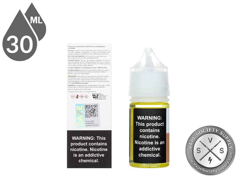 Peach Reds Apple 7 Daze Salt 30ml box back and bottle warning label