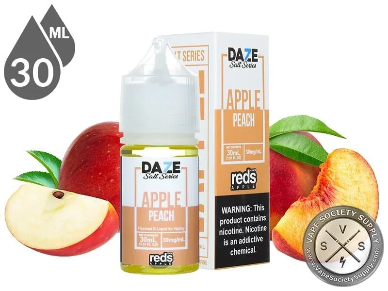 Peach Reds Apple 7 Daze Salt 30ml bottle and box with a sliced apple and peaches