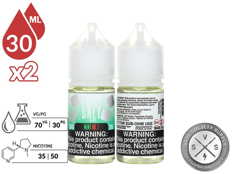 Mint No. 1 by Twist Salt 60ml bottles with a 70/30 VG/PG icon and nicotine strength icons