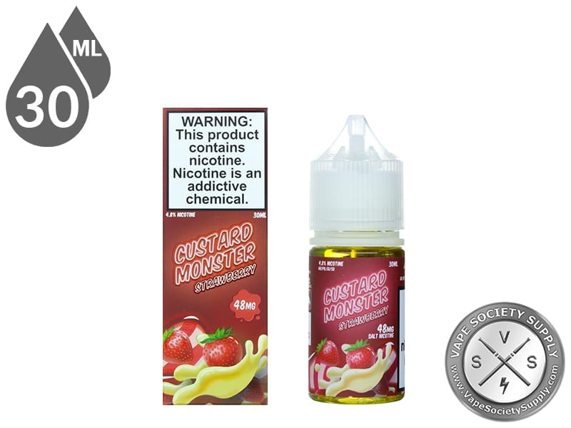 Strawberry Custard Monster Salt 30ml bottle in front of its box