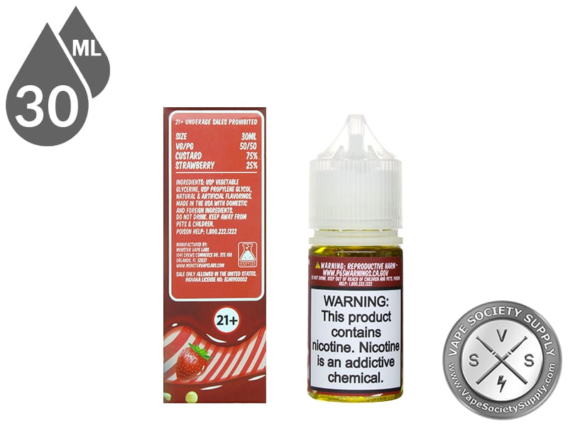 Strawberry Custard Monster Salt 30ml box Vape Facts panel with size, VG/PG and flavor mix, next to the bottle