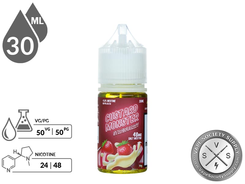 Strawberry Custard Monster Salt 30ml bottle with 50VG/50PG and 24mg and 48mg nicotine icons
