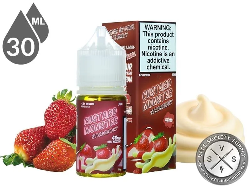 Strawberry Custard Monster Salt 30ml bottle and box with strawberries and a swirl of custard