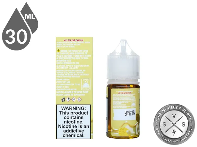 Vanilla Custard Monster Salt 30ml bottle next to the box back with nicotine warning