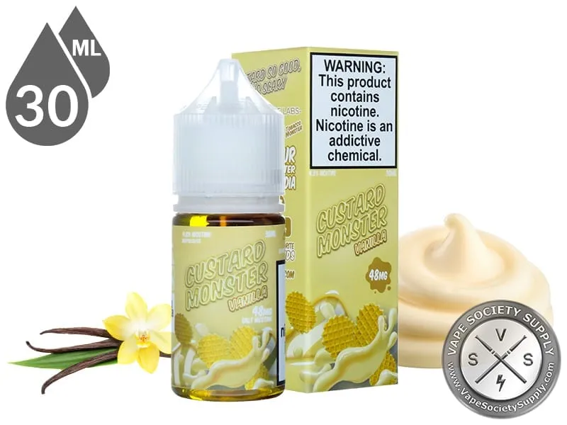 Vanilla Custard Monster Salt 30ml bottle and box with vanilla beans, vanilla flowers and a swirl of custard
