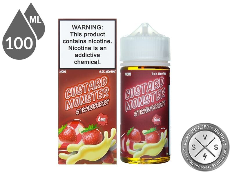 Strawberry Custard Monster 100ml bottle in front of its box