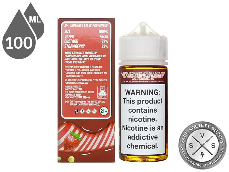 Strawberry Custard Monster 100ml box Vape Facts panel with size, VG/PG and flavor mix, next to the bottle