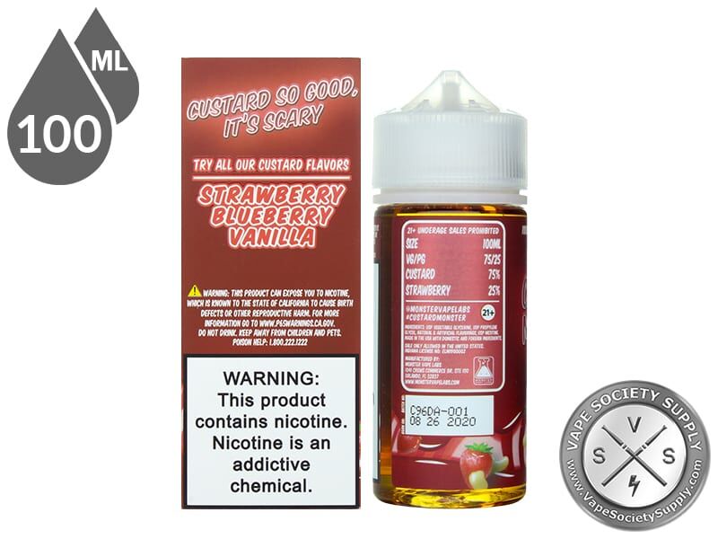 Strawberry Custard Monster 100ml bottle next to the box side listing other Custard Monster flavors