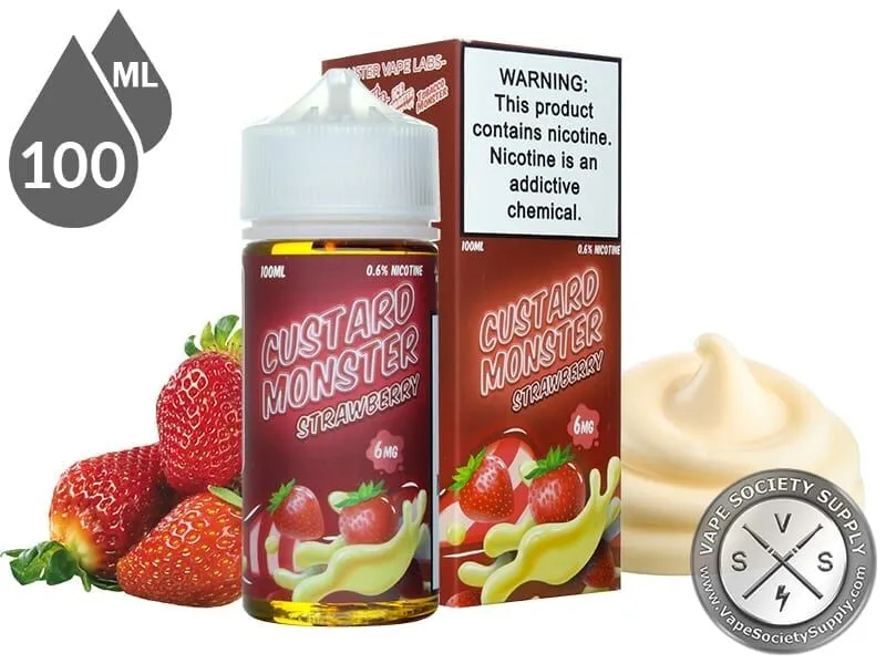 Strawberry Custard Monster 100ml bottle and box with strawberries and a swirl of custard