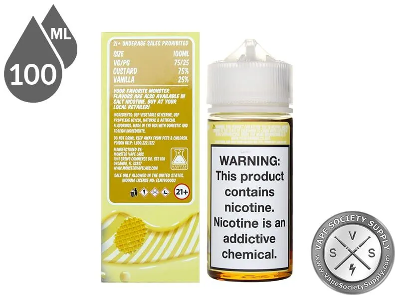 Vanilla Custard Monster 100ml box Vape Facts panel with size, VG/PG and flavor mix, next to the bottle
