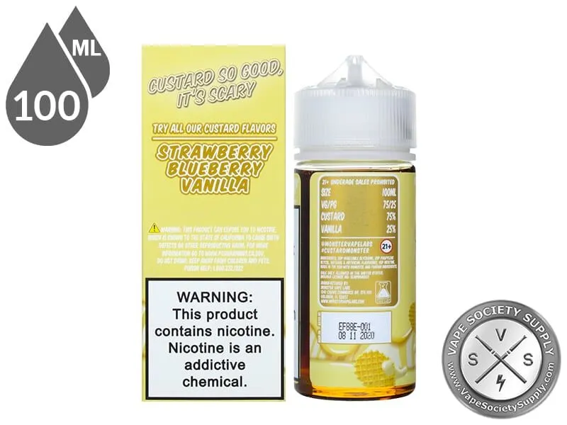 Vanilla Custard Monster 100ml bottle next to the box side listing other Custard Monster flavors