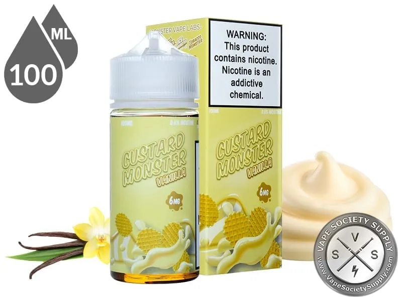 Vanilla Custard Monster 100ml bottle and box with vanilla beans, vanilla flowers and a swirl of custard